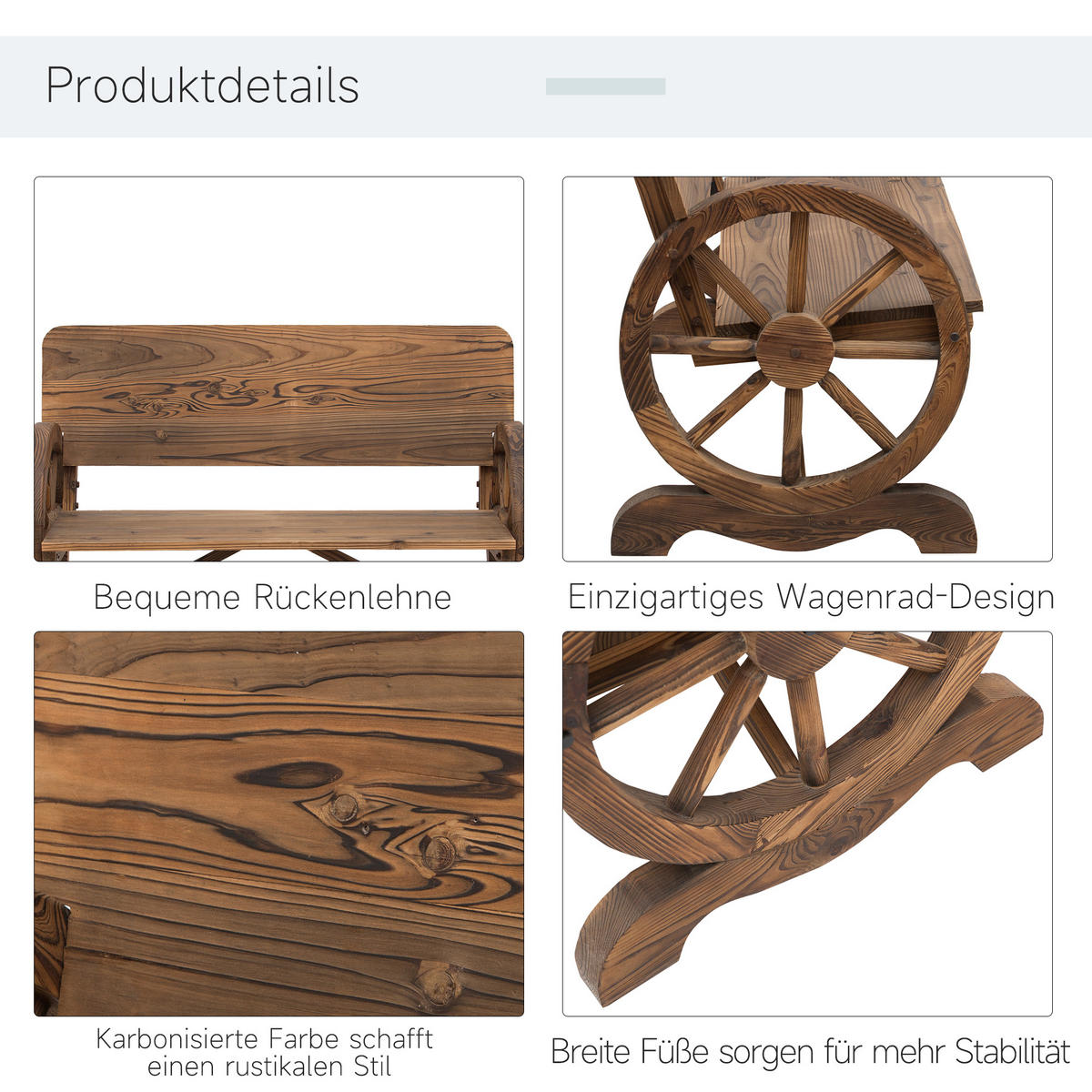 GARTENBANK mit Armlehne, Sitzbank mit Wagenräder-Design, Massivholz, Braun - Dunkelbraun, Holz (58/80/114cm) - Outsunny