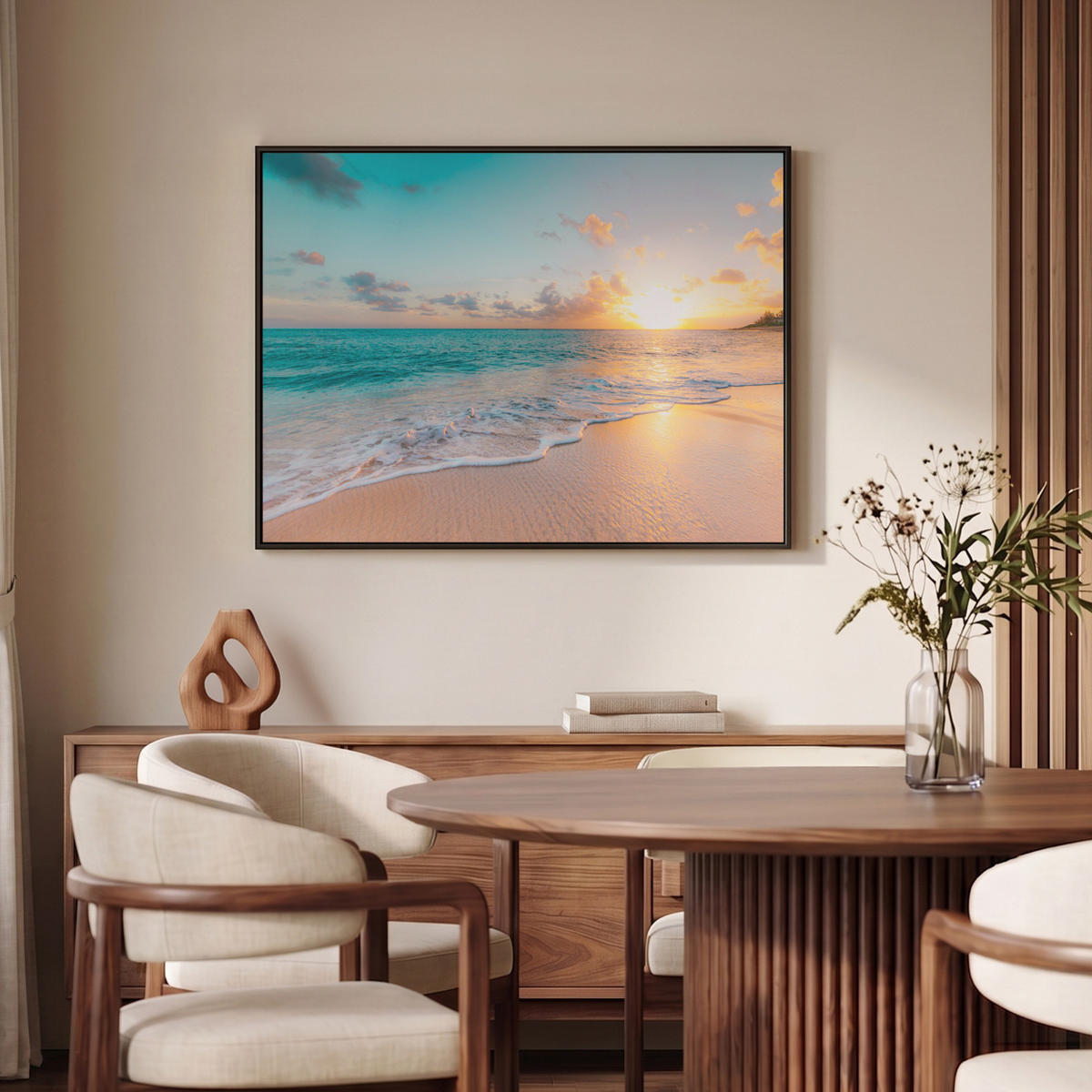 LEINWAND Bilder mit Rahmen - Sonnenuntergang - Strand - Meer - Sommer - Blau - 100x70 - Multicolor, Textil (100/70cm) - MuchoWow