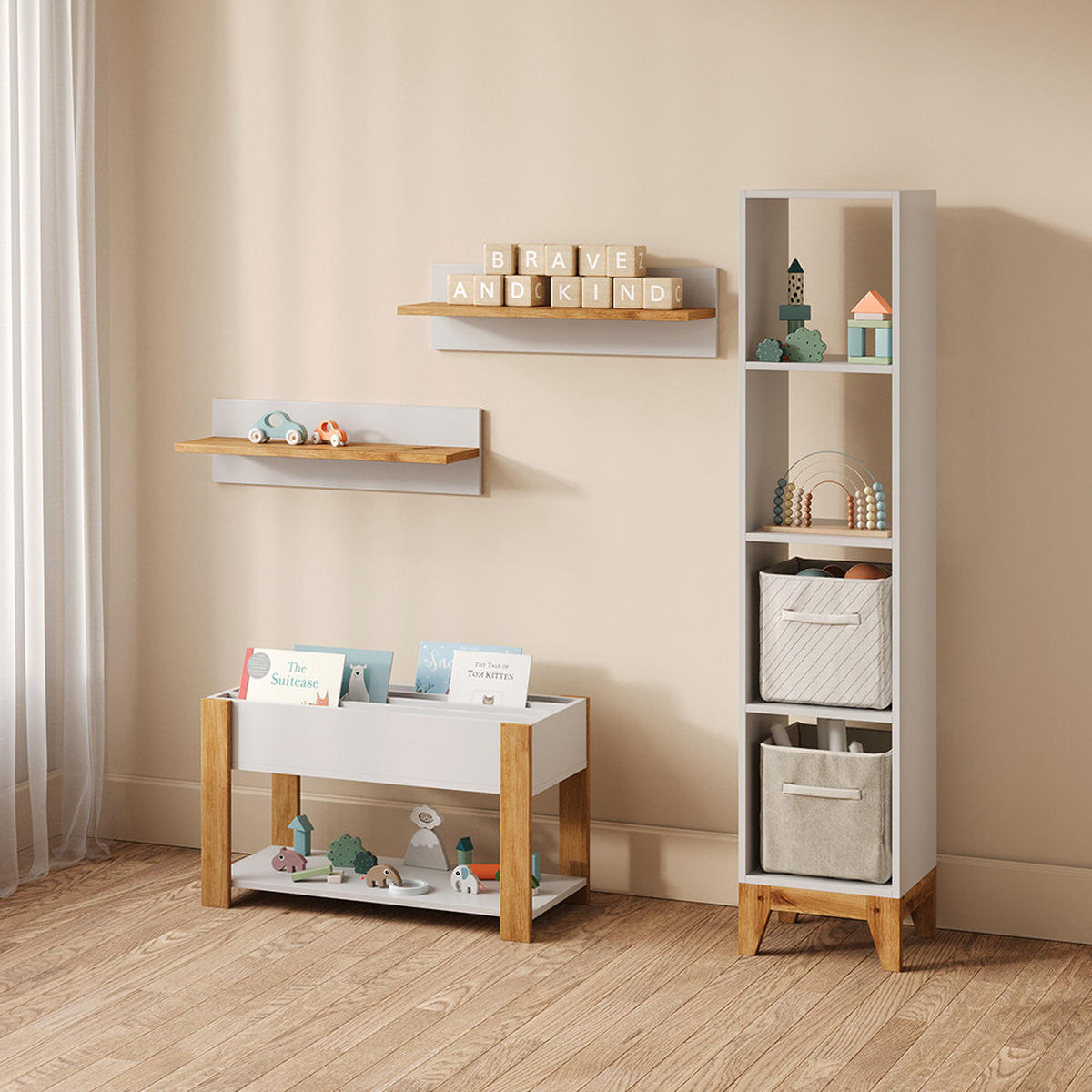 KINDERREGAL Mailo Weiß/Artisan 35.2 x 159.5 cm mit Sitzbank - Weiß/Eiche Artisan, Holzwerkstoff (35.2/159.5/30cm) - Livinity®