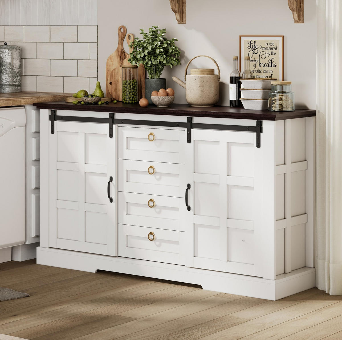 SIDEBOARD 150/40/85 cm mit Schiebetüren, 4 Schubladen und verstellbaren Einlegeböden, Weiß - Weiß, Holzwerkstoff (150/85/40cm) - Redom