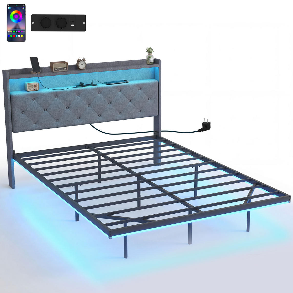 BETT 140x190 cm DE-14674 fliegend mit LED & Ladestation Grau - Grau, Metall (140/190cm) - ComfortXL