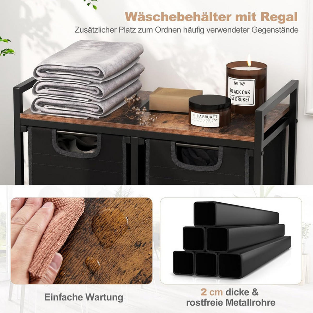 WÄSCHEKORB mit Ablage schwarz - Schwarz, Metall (65.5/72/33cm) - COSTWAY