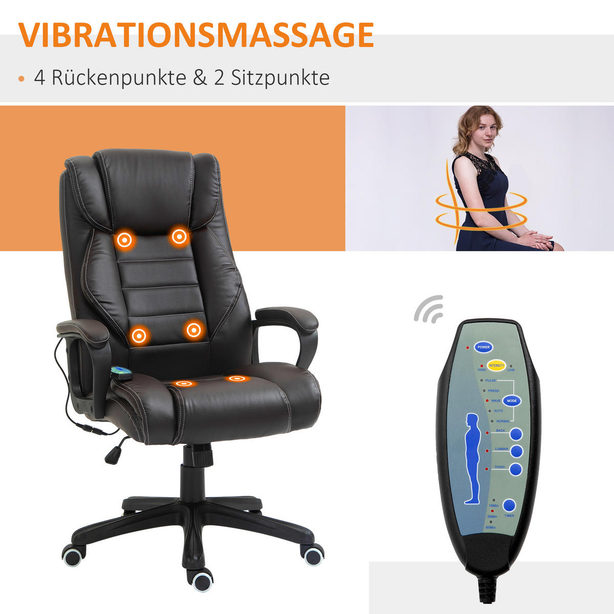 BÜROSTUHL mit Massagefunktion, höhenverstellbar, 6 Vibrationspunkte, Braun - Braun, Kunststoff (64/120/74cm) - Vinsetto