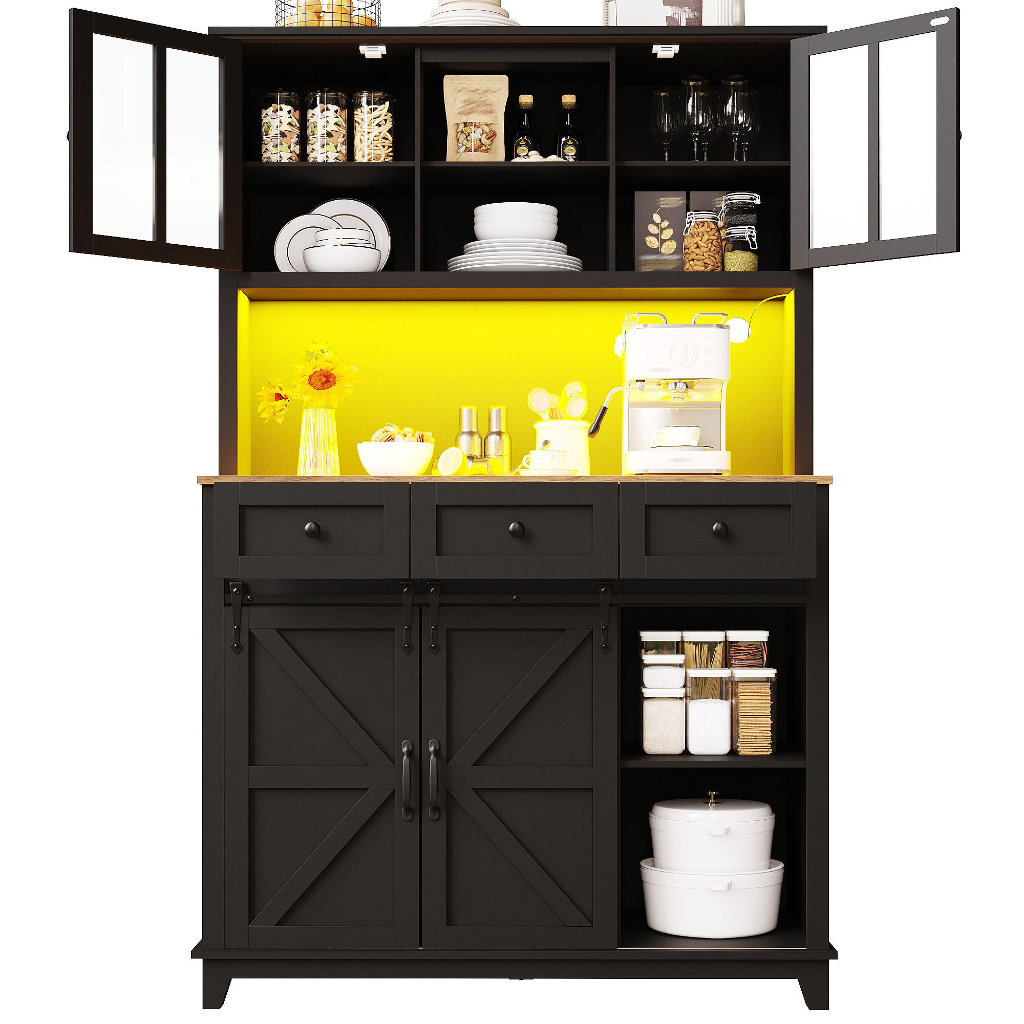 BUFFET mit LED-Beleuchtung Glasfront verstellbaren Ablagen Schwarz 105/38,4/180 cm - Transparent/Schwarz, Glas/Holzwerkstoff (105/180/40cm) - EVRYAE