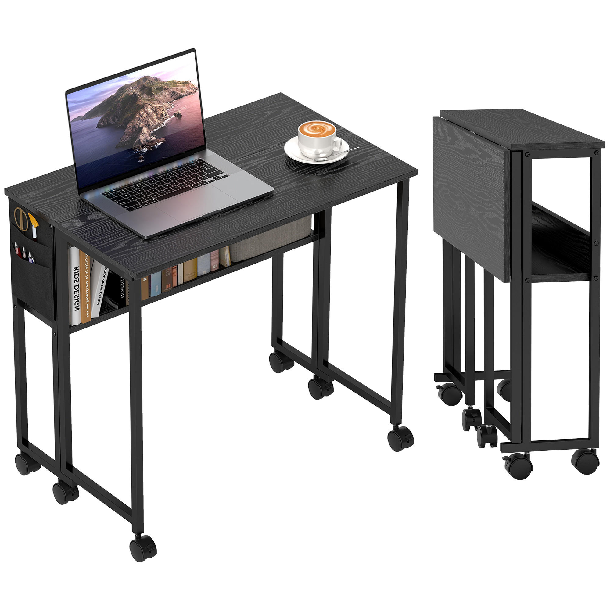 SCHREIBTISCH Schwarz klappbar auf Rollen mit Ablagefach und Seitentasche 80/50/75 cm - Schwarz, Holzwerkstoff (50/80/75cm) - PANGIVO