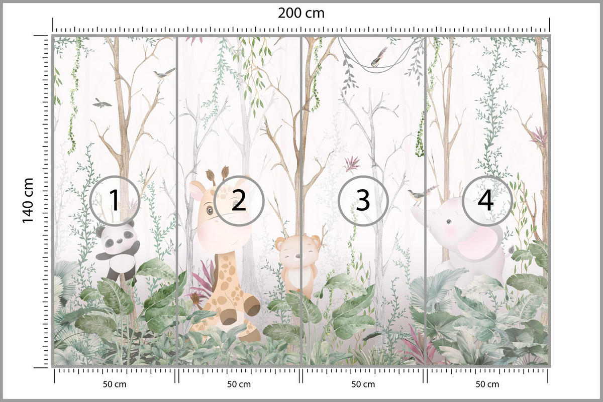FOTOTAPETE für Kinderzimmer Märchenhafte Tiere Wald Bäume Pflanzen 200x140 - Beige/Rosa, Papier (200/140cm) - Muralo