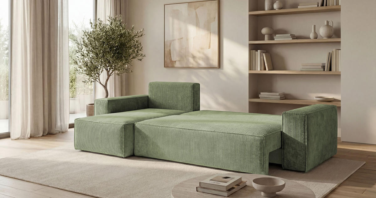 ROHOVÁ pohovka CALIFORNIA MINI levá světle zelená manšestr Poso 47 - funkce spaní, úložný prostor - světle zelená, textil (245/140cm) - Cornero