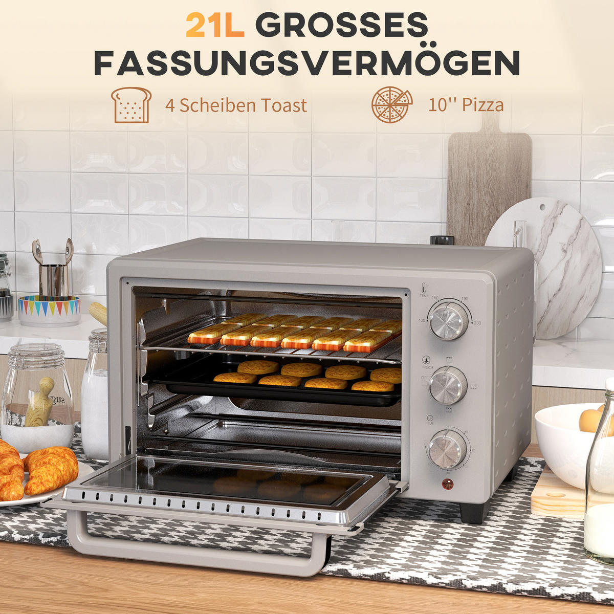 MINIBACKOFEN 21L 1400W Mini Ofen mit 3 Kochmodi, Backblech & Grillrost, Temperatur 100-230°C, Edelstahl, Silber - Silberfarben, Metall (46/29/38.5cm) - Beaface