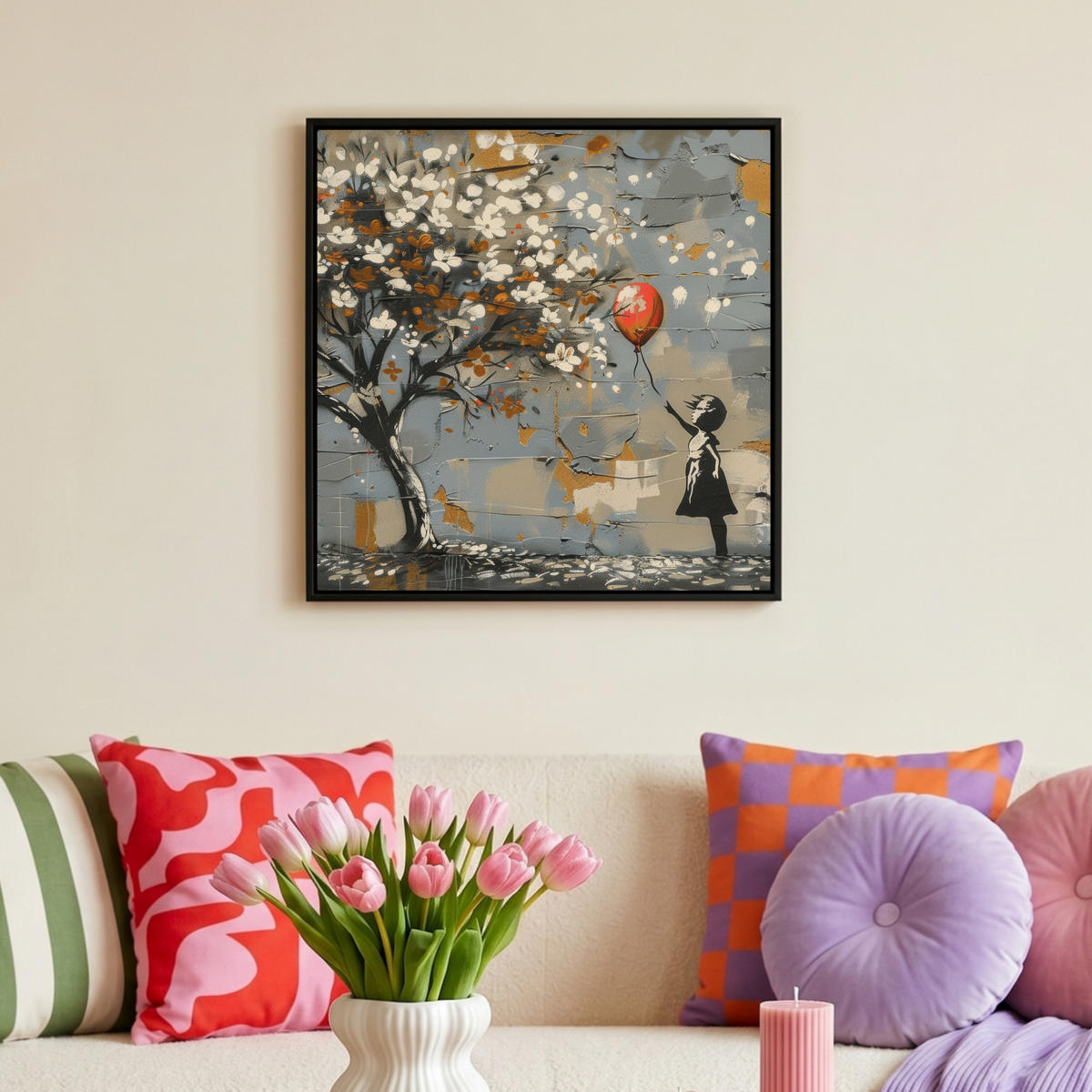 LEINWAND Bilder mit Rahmen - Baum - Graffiti - Banksy-Stil - Ballon-Mädchen - 50x50 - Blaugrau, Textil (50/50cm) - MuchoWow