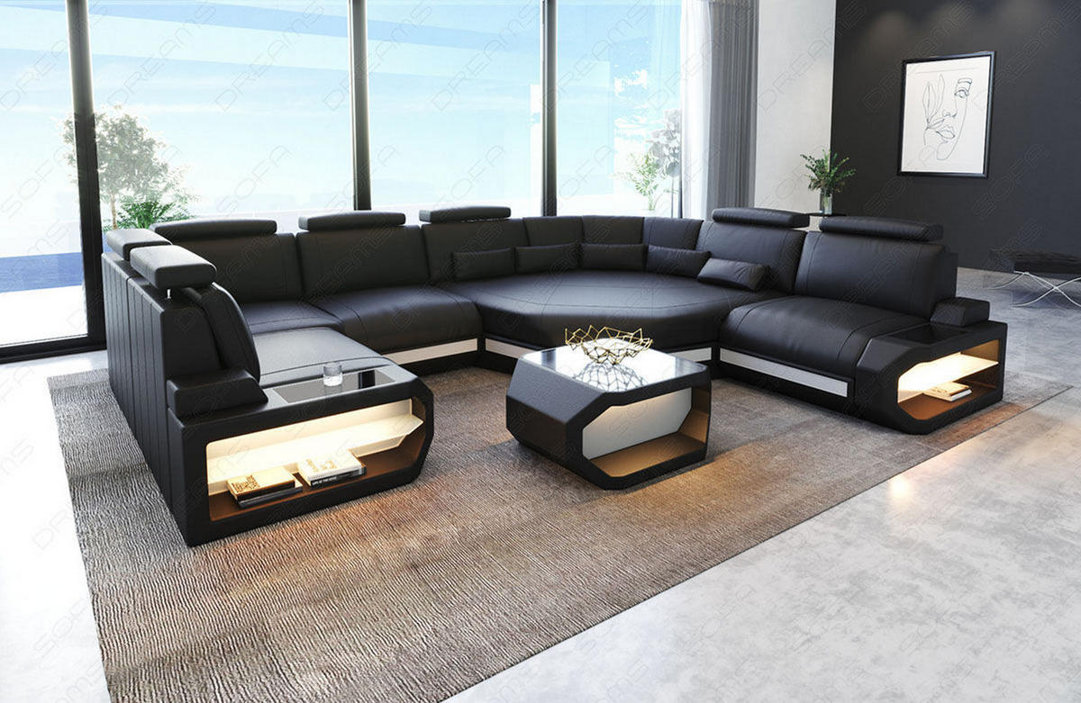 WOHNLANDSCHAFT Asti U Mini - Schwarz/Weiß, Leder (352/93/280cm) - Sofa Dreams