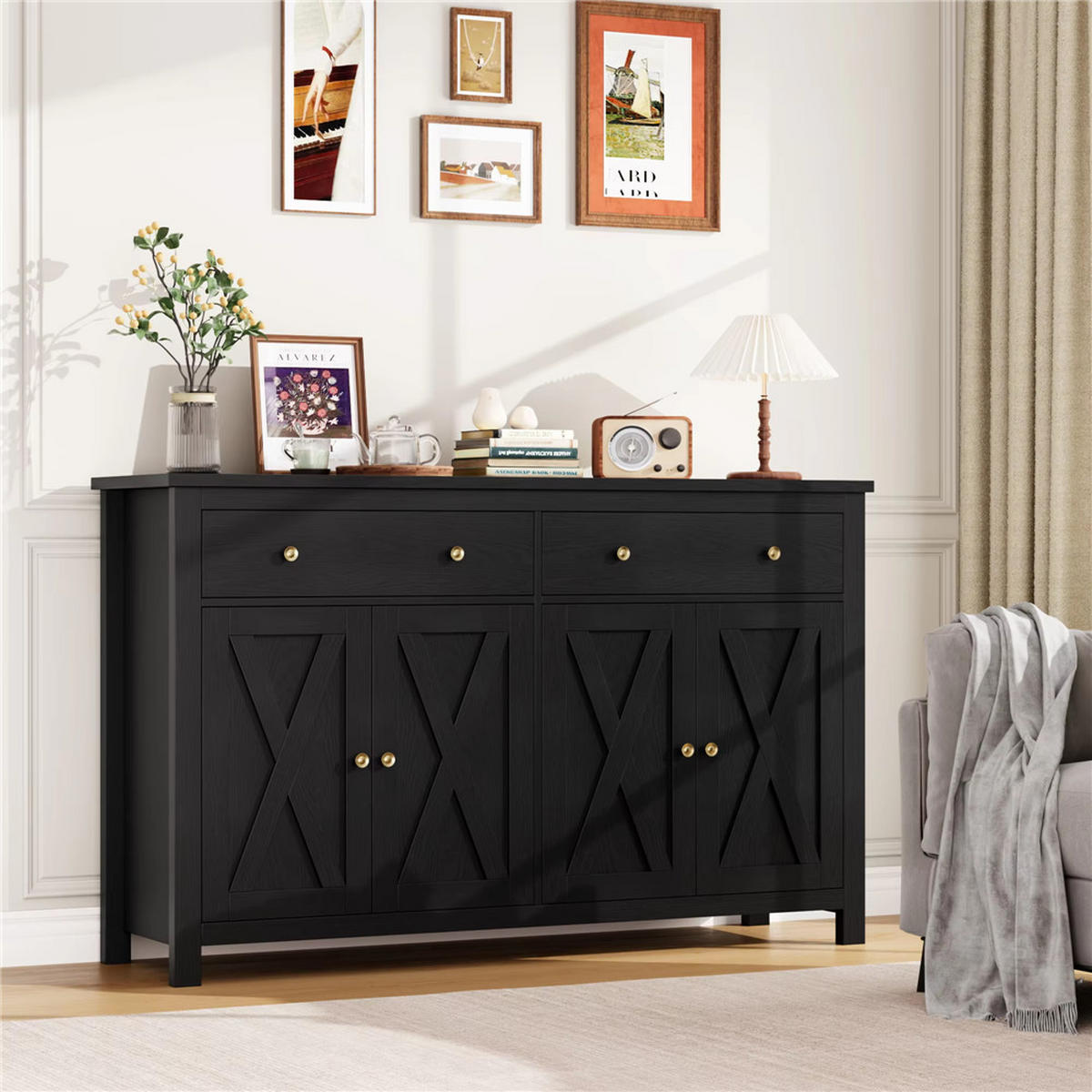 SIDEBOARD 140x89x40 cm Küchenschrank 2 Schubladen Schwarz - Schwarz, Holz (140/89/40cm) - Kaket