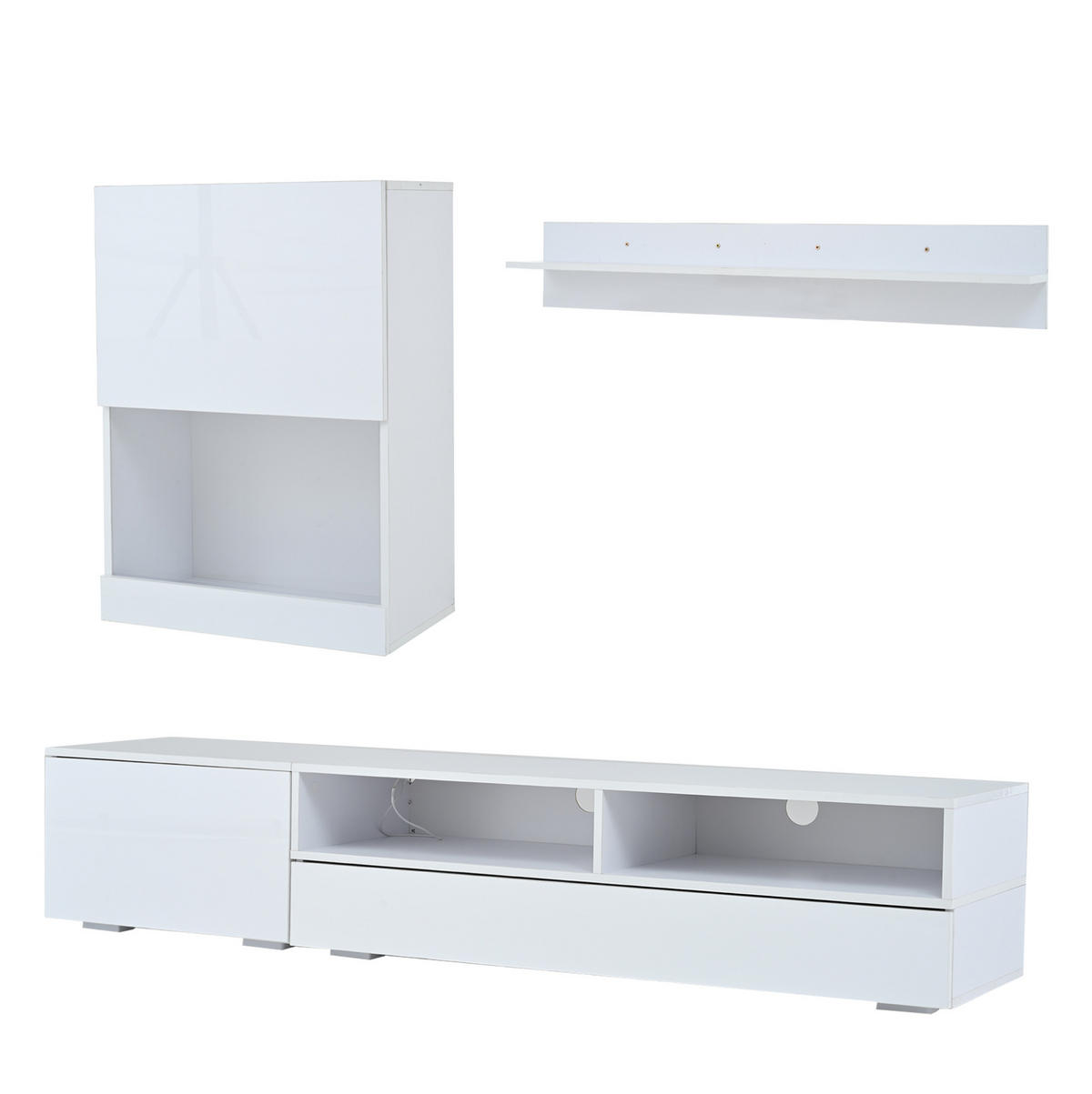 WOHNWAND-SET 175/39/34 cm aus Spanplatte mit LED-Beleuchtung, Hochglanzfronten und Stauraum, Weiß - Weiß, Holzwerkstoff (175/34/39cm) - Redom