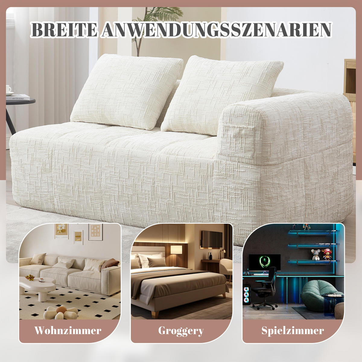 2-SITZER Sofa Chenille mit Chaiselongue und Seitentaschen 158/90/60 cm Beige - Beige, Textil (60/158/90cm) - Redom