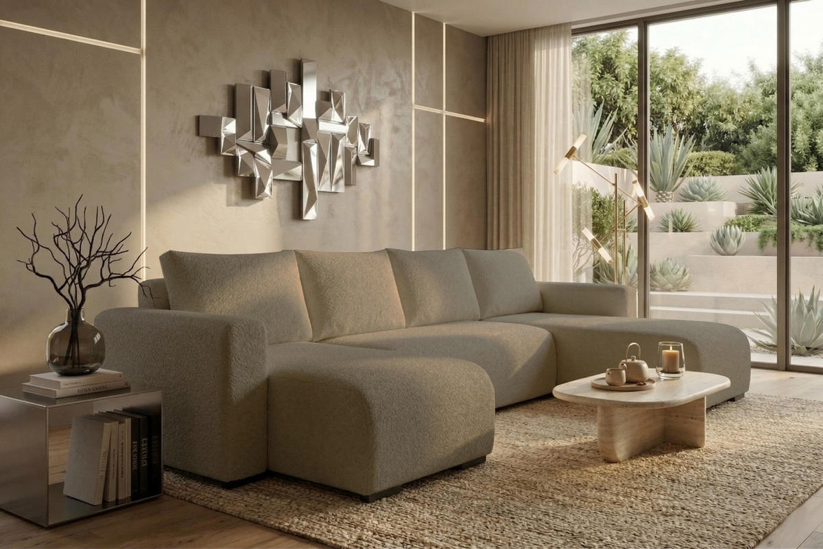 WOHNLANDSCHAFT DORA U mit Bettkasten und Schlaffunktion, U-Form, bequem - Cappuccino, Textil (305/85/140cm) - Storez24