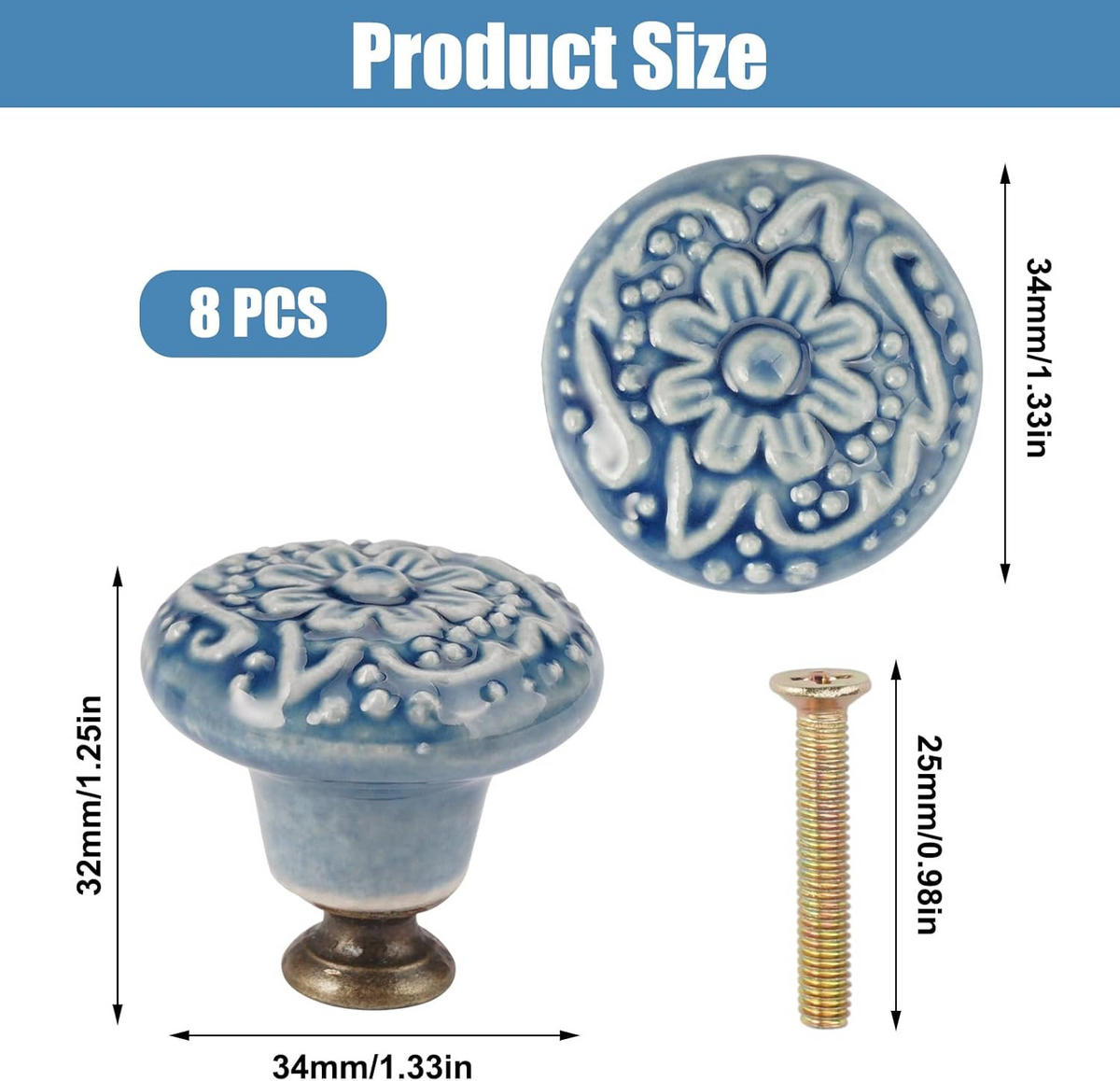 SCHRANKKNOPF Keramik 8er-Set 35 mm - Blau, Metall (0.34/3.2/0.34cm)