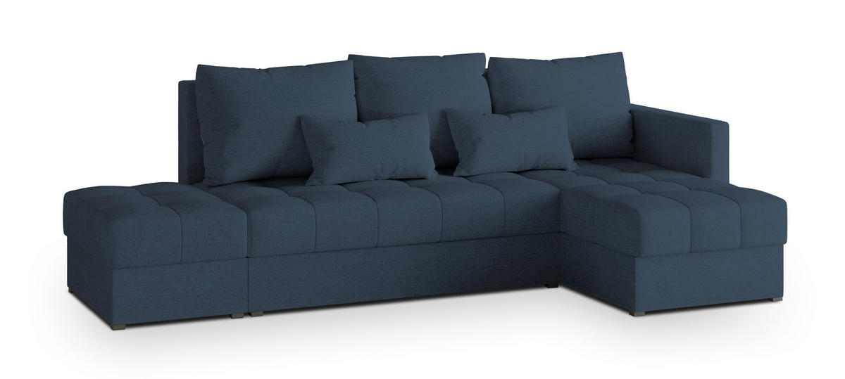 ECKSOFA LUMARI R-S Blau Plüsch-Stoff mit Schlaffunktion - Blau, Holz (262/143cm) - MASSENO