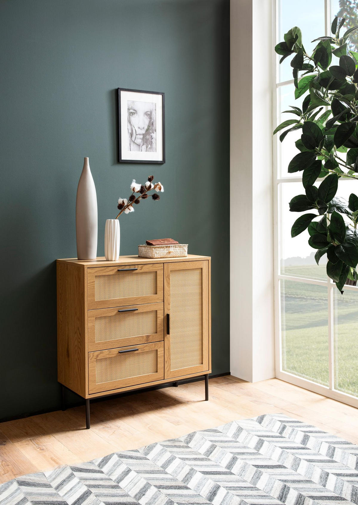 KOMMODE – Eiche-Dekor/Rattan, 80x82x36 cm, 3 Schubladen, 1 Tür, modern - Schwarz/Braun, Holzwerkstoff/Metall (80/82/36cm) - KADIMA DESIGN