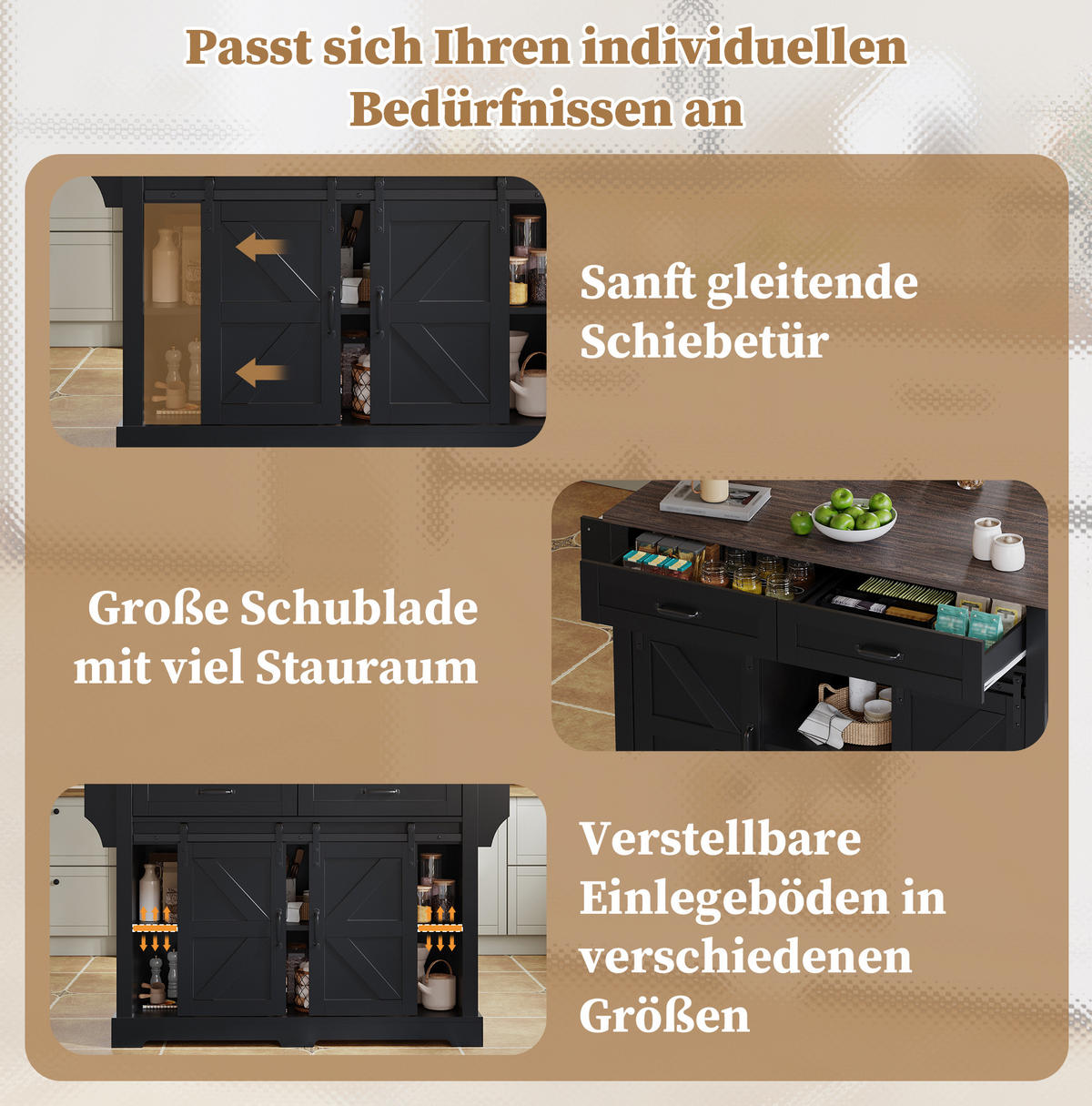 KÜCHENINSEL 120/45(70)/91 cm in Schwarz mit klappbarer Platte und Rollen - Schwarz, Holzwerkstoff (120/91/70cm) - Flora Grace