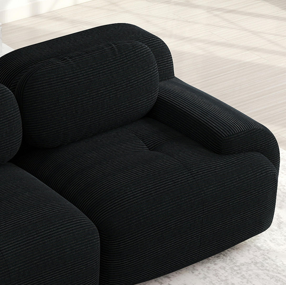 ECKSOFA modular, rahmenlos, mit geschwungenen Armlehnen und Cordbezug, Schwarz - Schwarz, Textil (208/178cm) - Redom