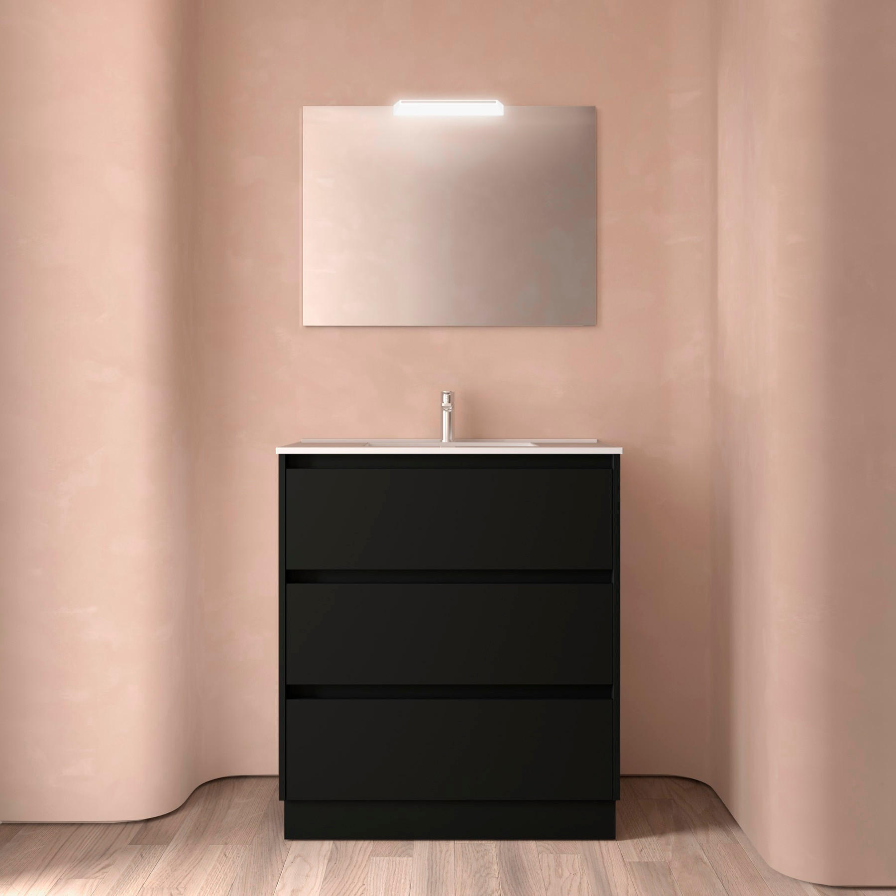 NOJA Komplett-Set 800 3 Schubladen BLACK SATIN + Waschtisch + Spiegel + Leuchte - Schwarz, Metall (45/8.1/79.7cm) - Salgar