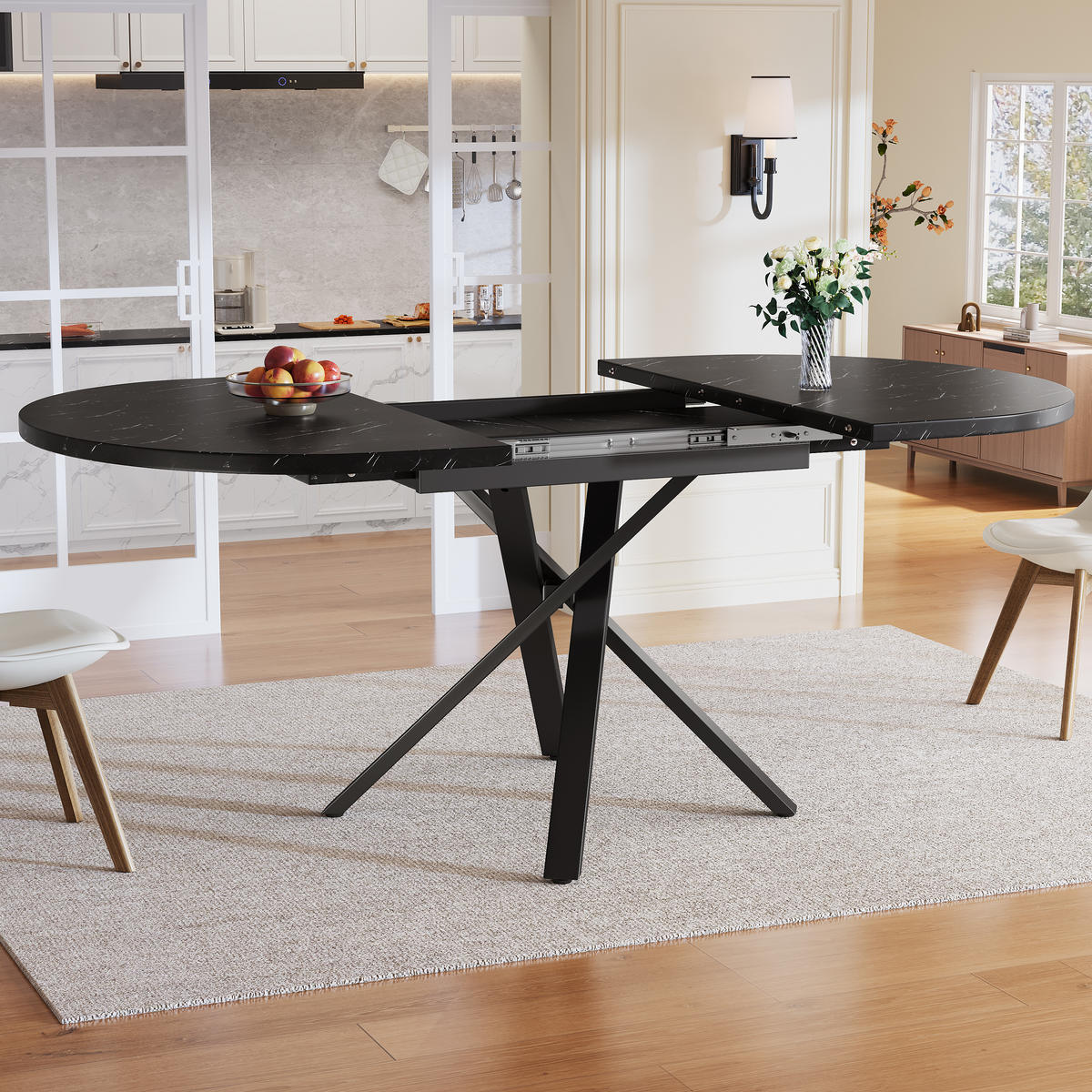 ESSTISCH 100-140x76 cm in Schwarz aus MDF mit Marmoroptik auf X-Gestell ausziehbar - Schwarz, Holzwerkstoff (100/140/75.5cm) - Modfu