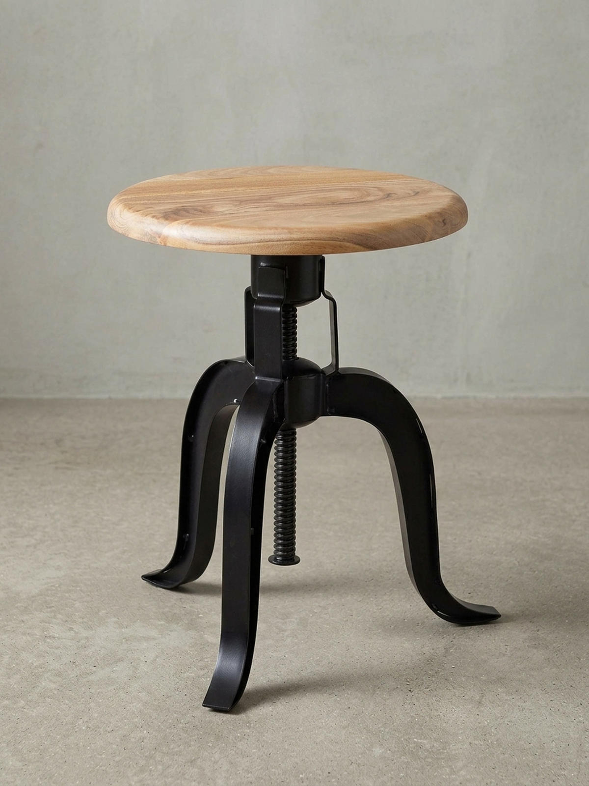 DREHHOCKER – Akazie Massivholz/Eisen, höhenverstellbar, Industrial-Stil - Schwarz/Braun, Holz/Metall (39/48/39cm) - KADIMA DESIGN
