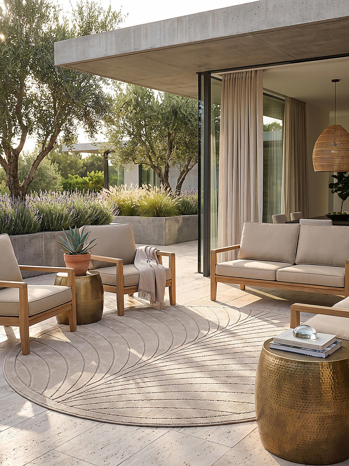 TEPPICH Outdoor, Fußbodenheizung-geeignet, mit Blattmotiv, aus Polypropylen, ENGADIN in Beige, Ø 120 cm - Beige, Textil (120/120cm) - KADIMA DESIGN