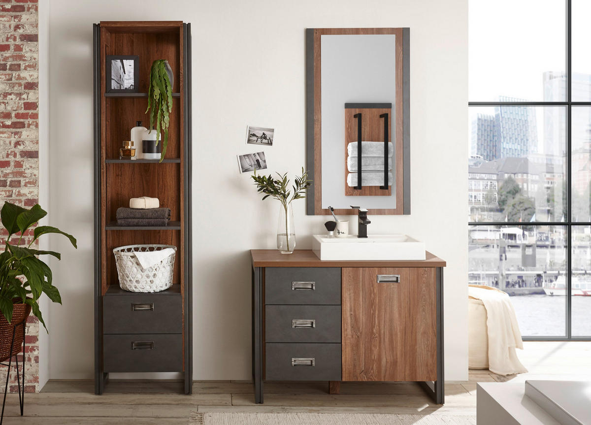 BADMÖBEL-SET 3-teilig Eiche Stirling, Matera grau, Badkombination MIT Waschbecken 91 x 205 cm - Eichefarben/Grau, Holzwerkstoff (91/205/40cm)