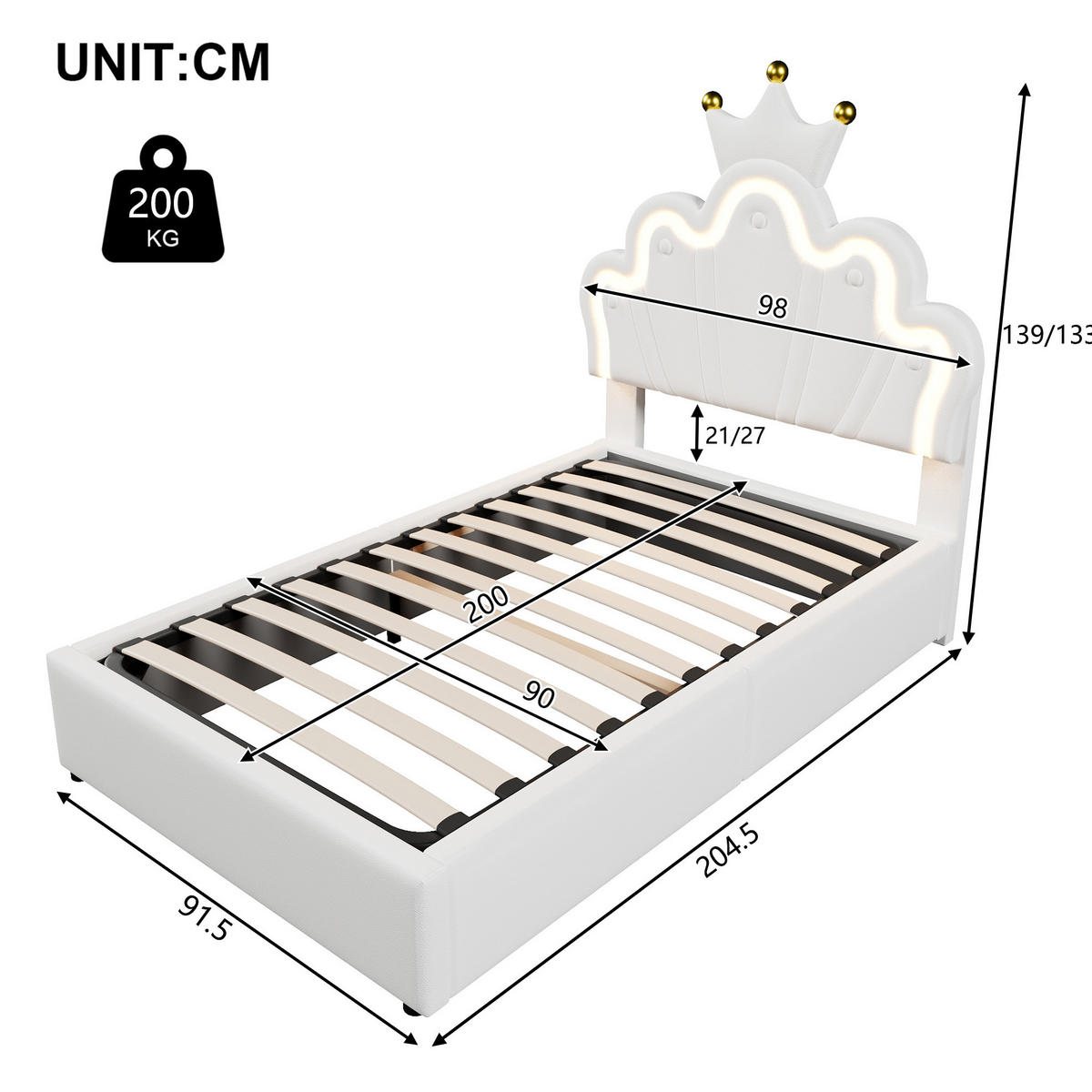 KINDERBETT 90/200 cm in Weiß mit LED-Lichtband und Stauraum - Weiß, Leder (90/200cm) - BEAOK