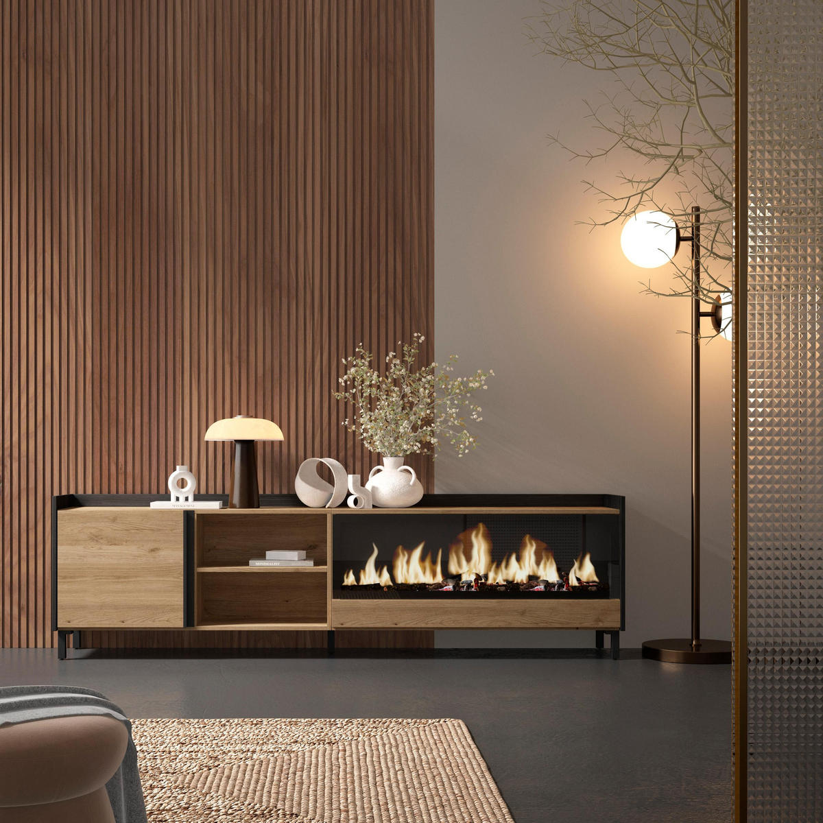 LOWBOARD, Eiche und Schwarz, 212/35/61cm, Kamin mit Feuereffekt XXL - Eichefarben, Holzwerkstoff (212/61/35cm) - Skraut Home