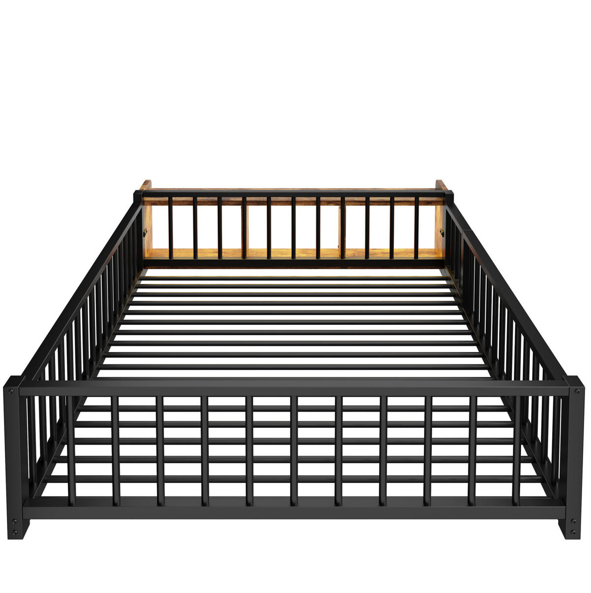 KINDERBETT aus Metall und MDF 140x200 cm Schwarz mit Schutzgeländer, LED-Beleuchtung und Staufach - Schwarz, Holzwerkstoff (140/200cm) - IVMEU