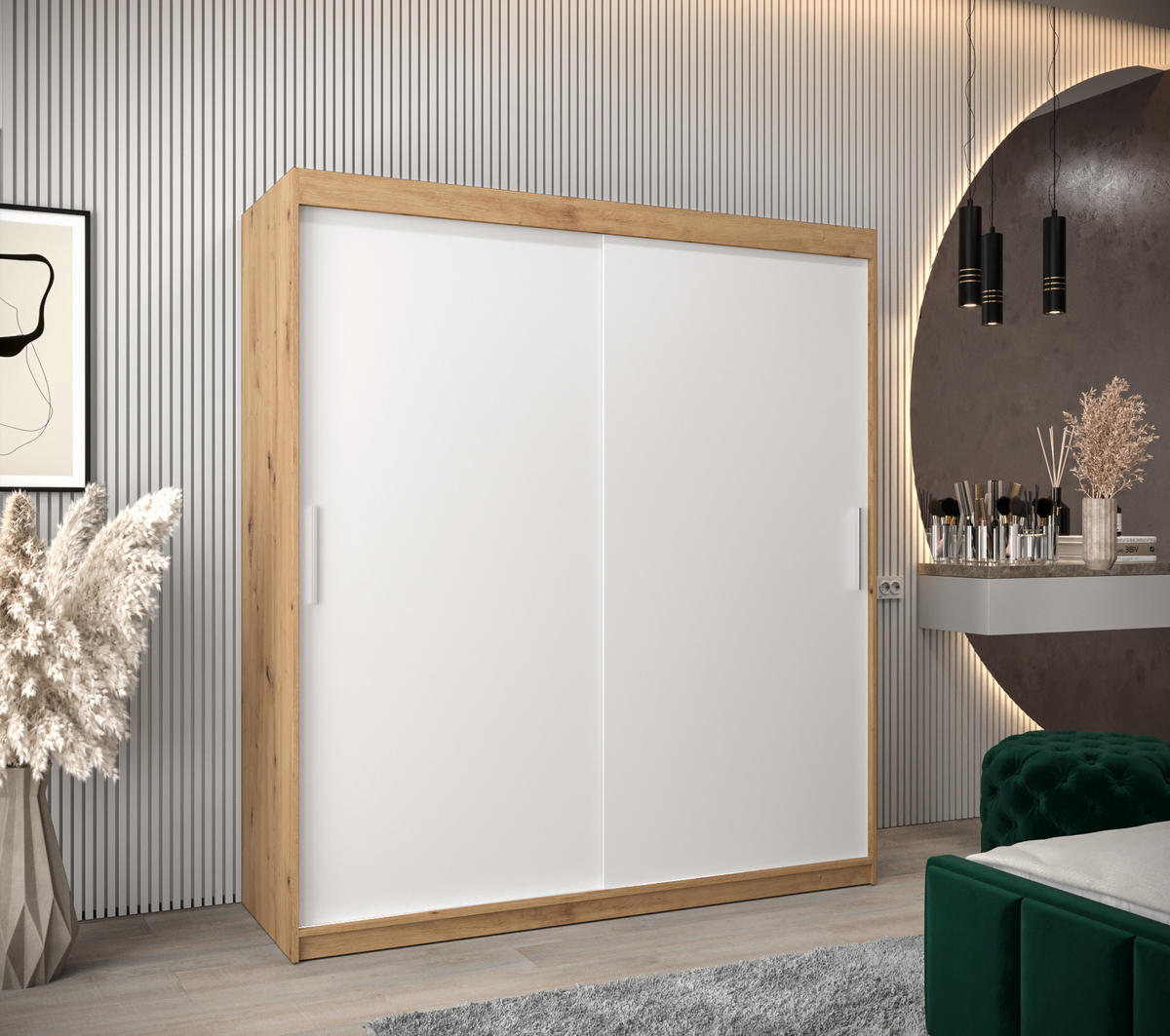 SCHWEBETÜRENSCHRANK 200/180/62 2-türig - Silberfarben/Weiß, Holz/Kunststoff (180/200/62cm) - Abiks Möbel