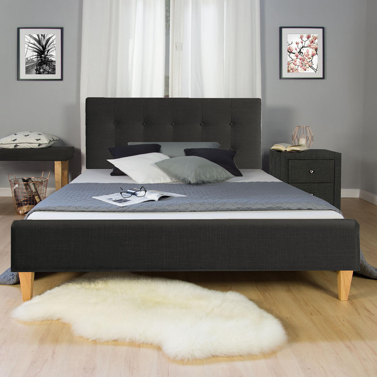 POLSTERBETT mit Lattenrost 140/200 cm in Schwarz - Schwarz, Textil (140/200cm) - Homestyle4u