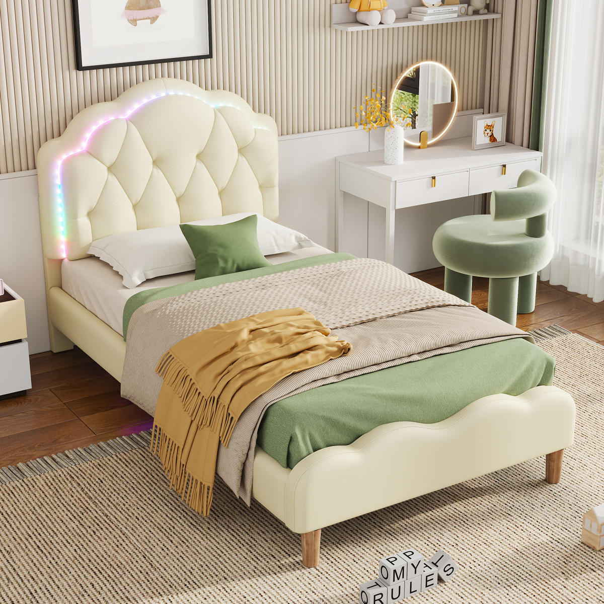 POLSTERBETT 90/200 cm Beige aus PU mit LED-Beleuchtung - Beige, Kunststoff (90/200cm) - OKMYHOME
