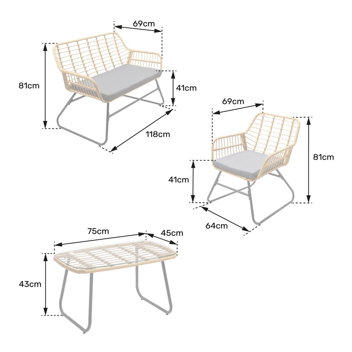 GARTENMÖBEL Tiga Creme 4 Plätze - Beige, Kunststoff - Happy Garden