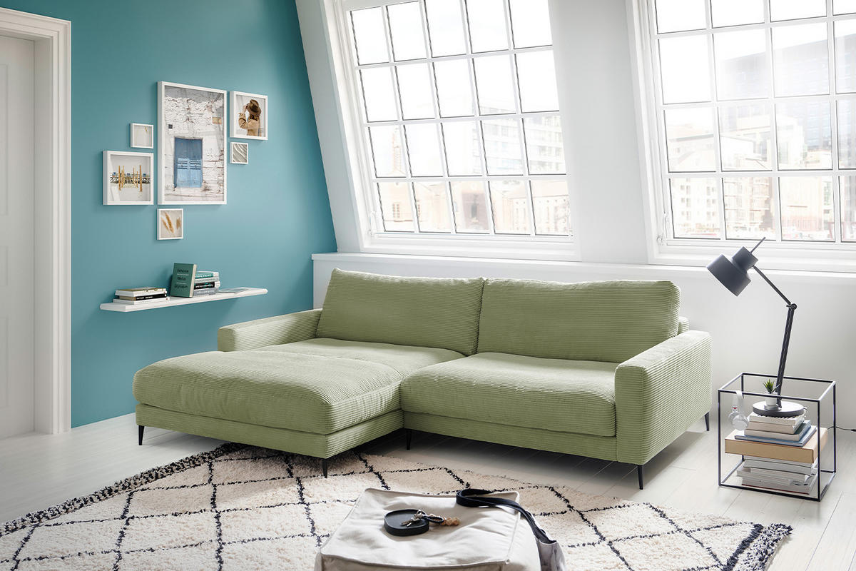 ECKSOFA CARA Grün Cord - Schwarz/Grün, Textil/Metall (272/190cm) - KAWOLA