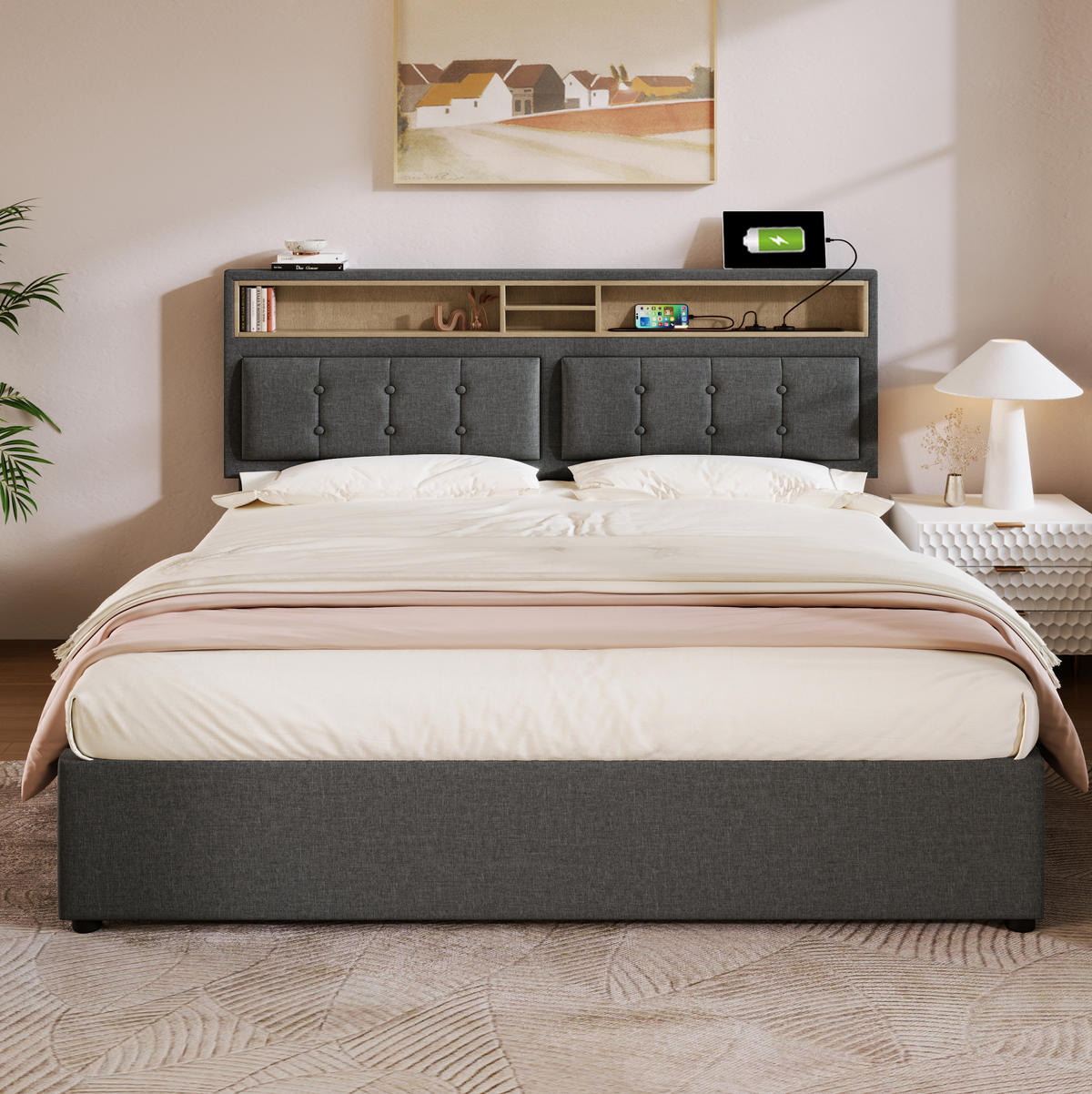 POLSTERBETT 140/200 cm Grau mit verstellbarem Kopfteil und USB-Anschlüssen - Grau, Textil (140/200cm) - OKWISH
