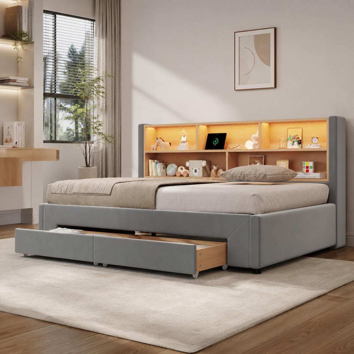 POLSTERBETT 90/200 mit Ausziehbett, LED und USB-Anschluss in Grau - Grau, Holzwerkstoff/Textil (90/200cm) - EVRYAE