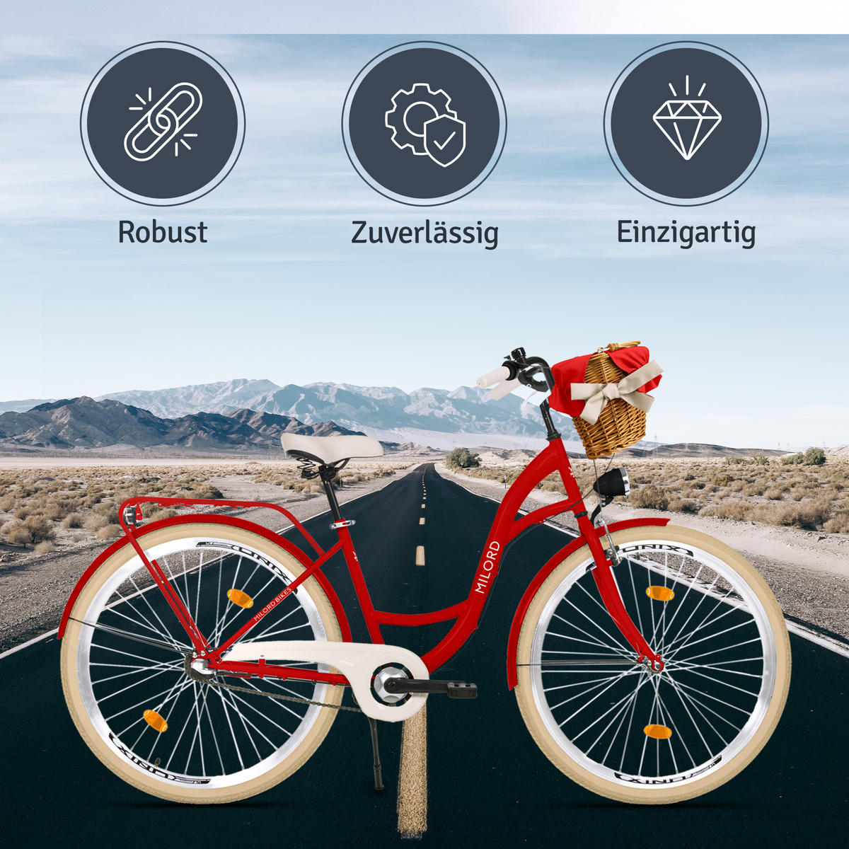 CITY-FAHRRAD Milord mit Weidenkorb, 28 Zoll, Rot, 3-Gang - Rot, Metall (46cm) - Milordbikes