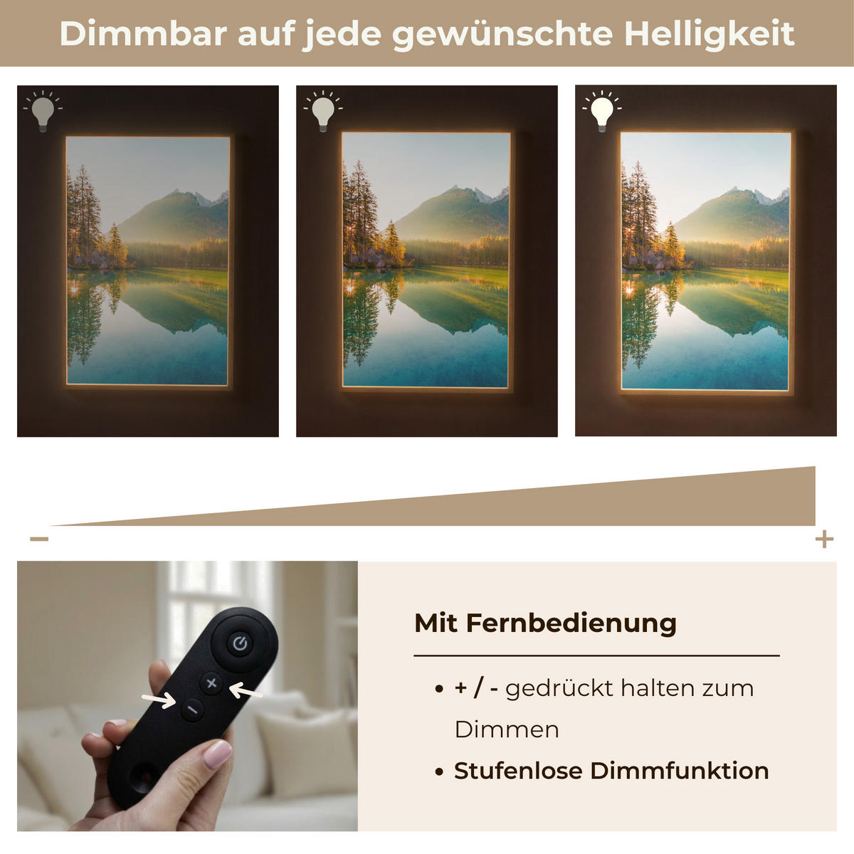 WANDLEUCHTE MIT AKKU See - Wald - Berge - Natur - Sonne - Landschaft 60x90 cm - Grün, Holzwerkstoff (60/90/8cm) - OnlyWow