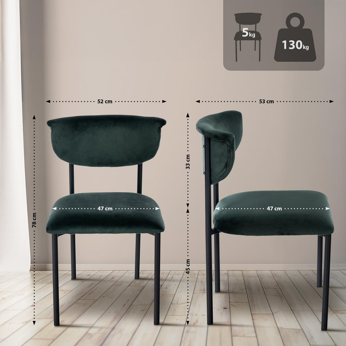 STUHL Samt Dunkelgrün - Dunkelgrün, Textil/Metall (52/78/53cm) - CLP