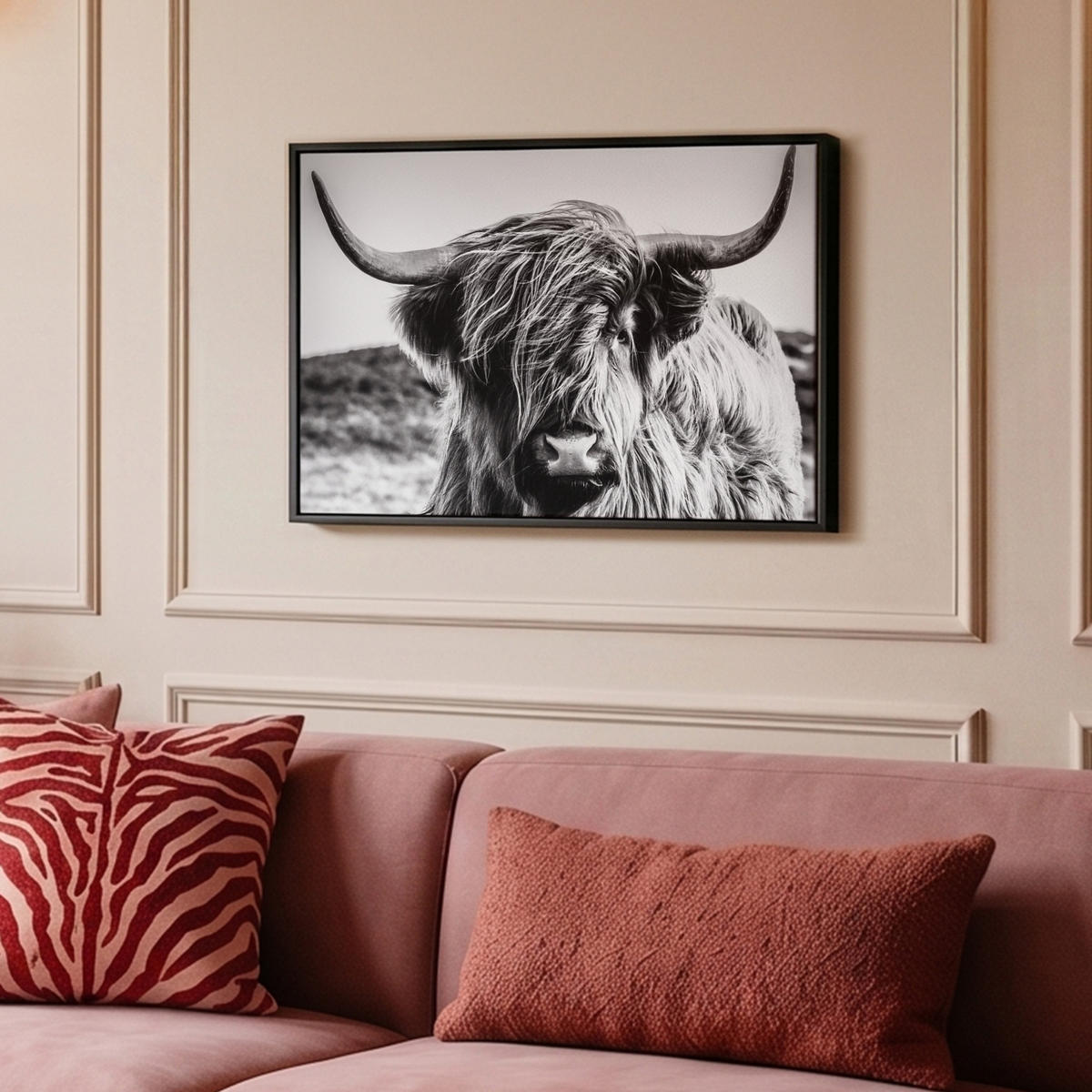 LEINWAND Bilder mit Rahmen - Kuh - Schottischer Hochländer - Schwarz - Weiß - Tier - Natur - Wildtiere - 60x40 - Schwarz, Textil (60/40cm) - MuchoWow