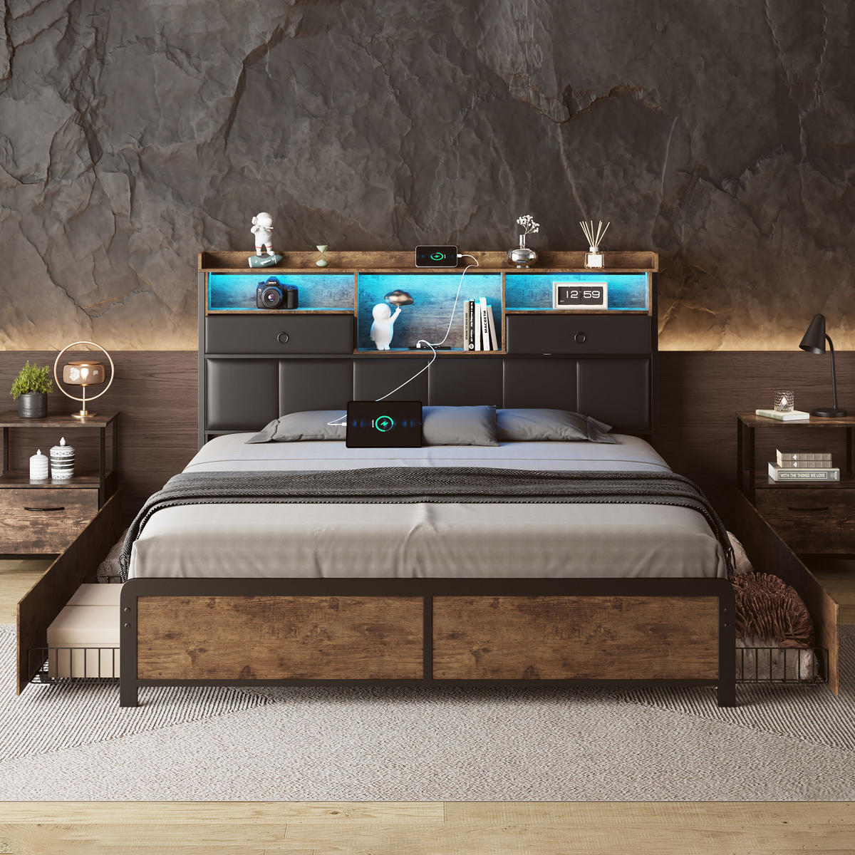 METALLBETT 140x200 cm, 4 Schubladen, LED-Beleuchtung - Schwarz, Textil/Metall (140/200cm)