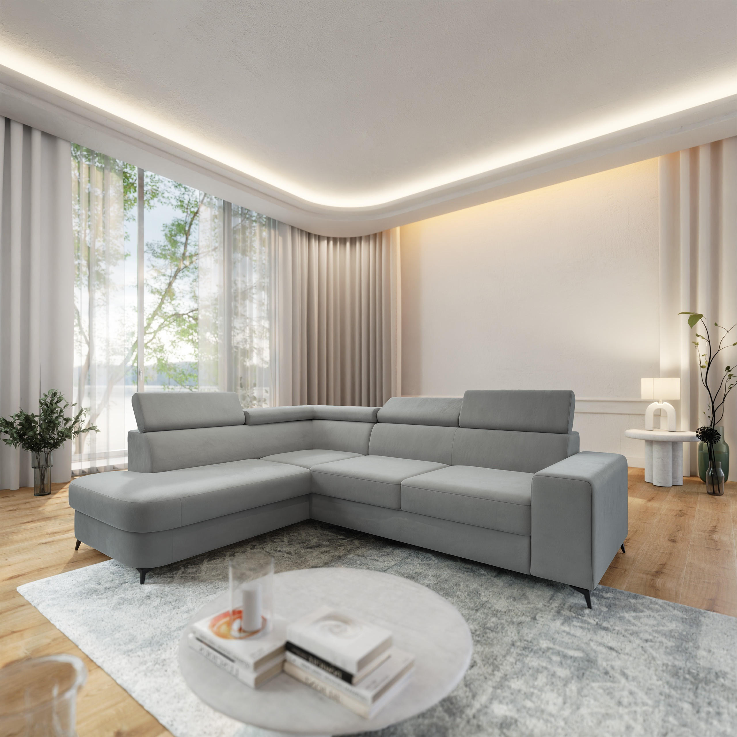 ECKSOFA ALVORO L-S Hellgrau Velours-Stoff mit Schlaffunktion - Hellgrau, Holz (253/190cm) - MASSENO