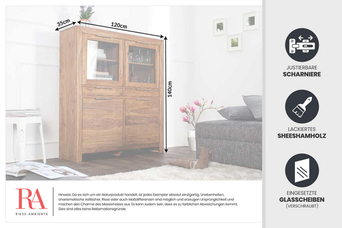 HIGHBOARD PURE Sheesham Natur 140 cm - Braun, Holz (120/140/35cm) - riess-ambiente