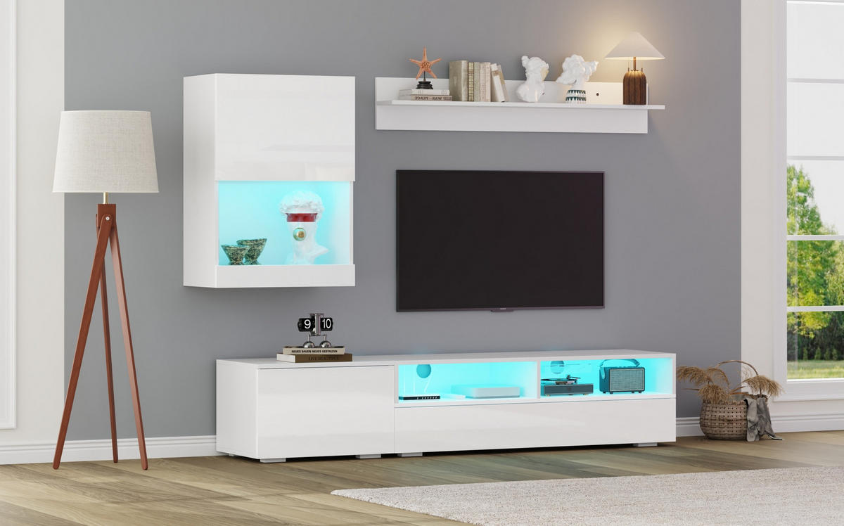 TV-WOHNWAND-SET 175/39/34 cm aus Spanplatte mit LED-Beleuchtung und Hochglanzfronten Weiß - Weiß, Holzwerkstoff (175/34/39cm) - Modenvie