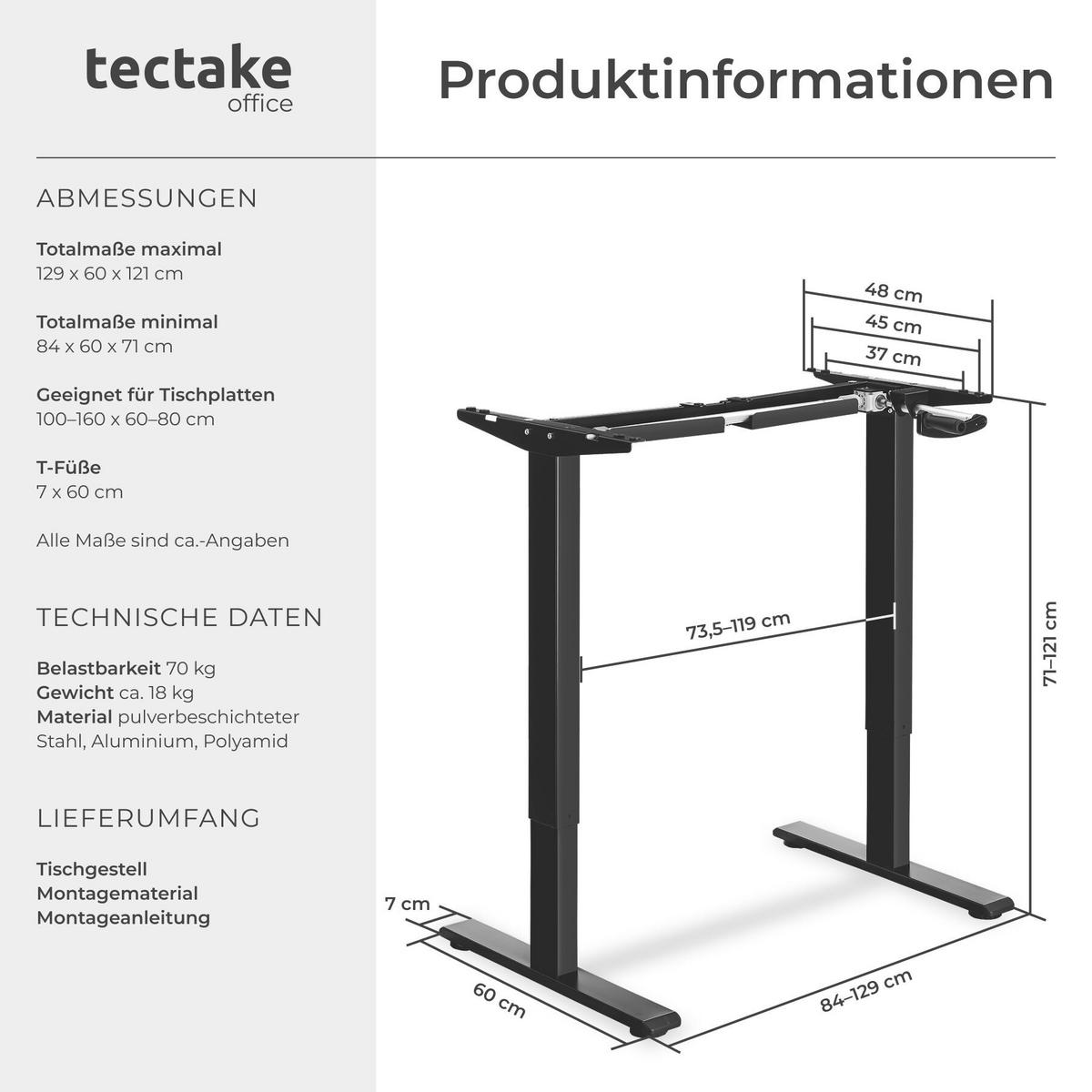 HÖHENVERSTELLBARER-SCHREIBTISCH Idun, 84 - 129 x 60 x 71 - 121 cm, schwarz - Schwarz, Textil (129/60/121cm) - tectake