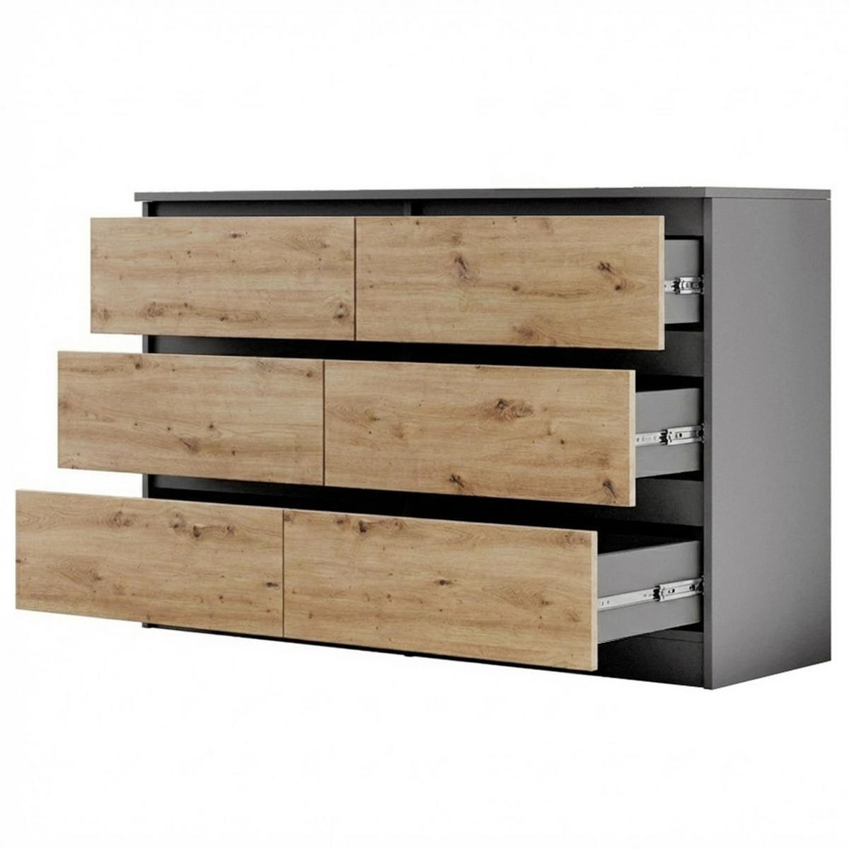 KOMMODE Lemon mit 6 Schubladen, 120 cm, Anthrazit+eiche Artisan - Anthrazit/Eiche Artisan, Holzwerkstoff (120/78/39cm) - Beautysofa