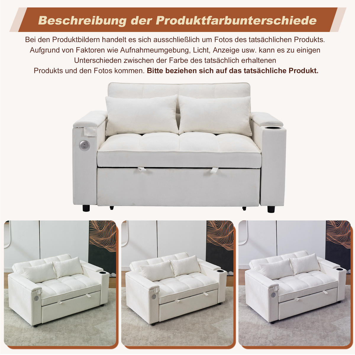 SCHLAFSOFA, Stoff mit USB-Anschluss & verstecktem Tisch, 140,5/74/82 cm, Beige - Beige, Textil (140.5/82/74cm) - Redom