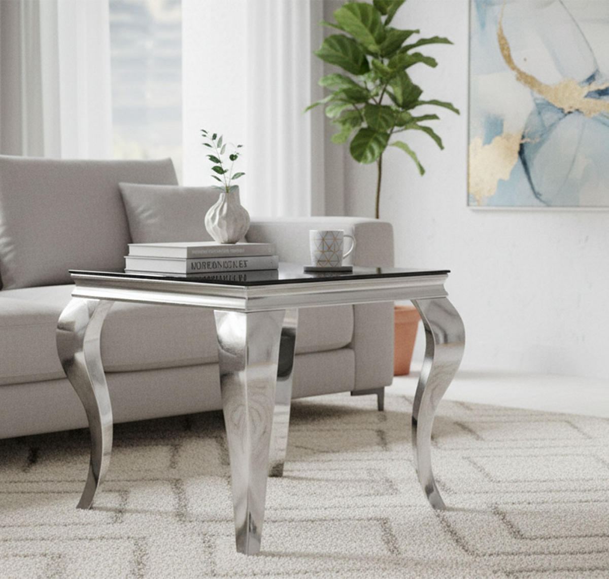 COUCHTISCH Prince Schwarzglas / Chrom 55 / 55 / 55cm - Silberfarben/Schwarz, Glas/Holz (55/55/55cm) - Feldmann-Wohnen